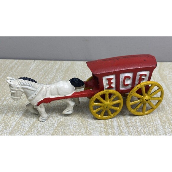 Unbranded Other - Vintage Cast Iron Horse Drawn Carriage Ice Cart Truck Wagon Toy Red White